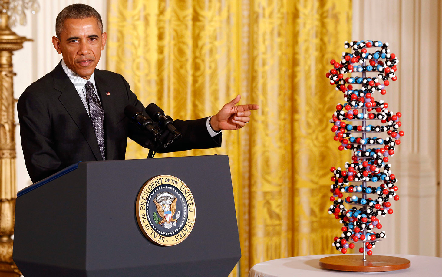 Obama makes remarks highlighting investments to improve health and treat disease through precision medicine while in the East Room of the White House in Washington